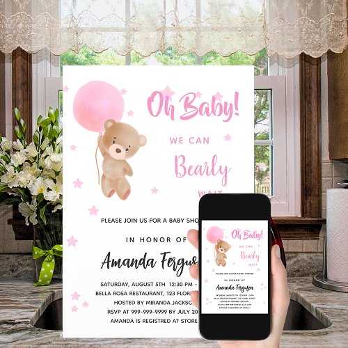 Baby shower teddy bear girl pink balloon invitation