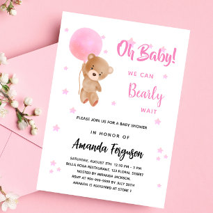 Baby shower teddy bear girl pink balloon invitation postcard