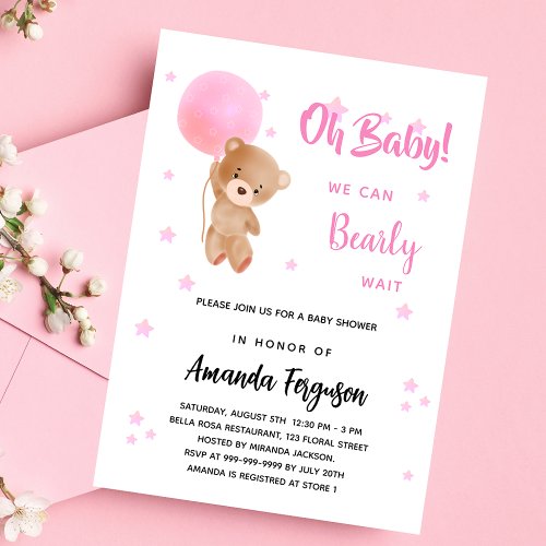 Baby shower teddy bear girl pink balloon invitation postcard