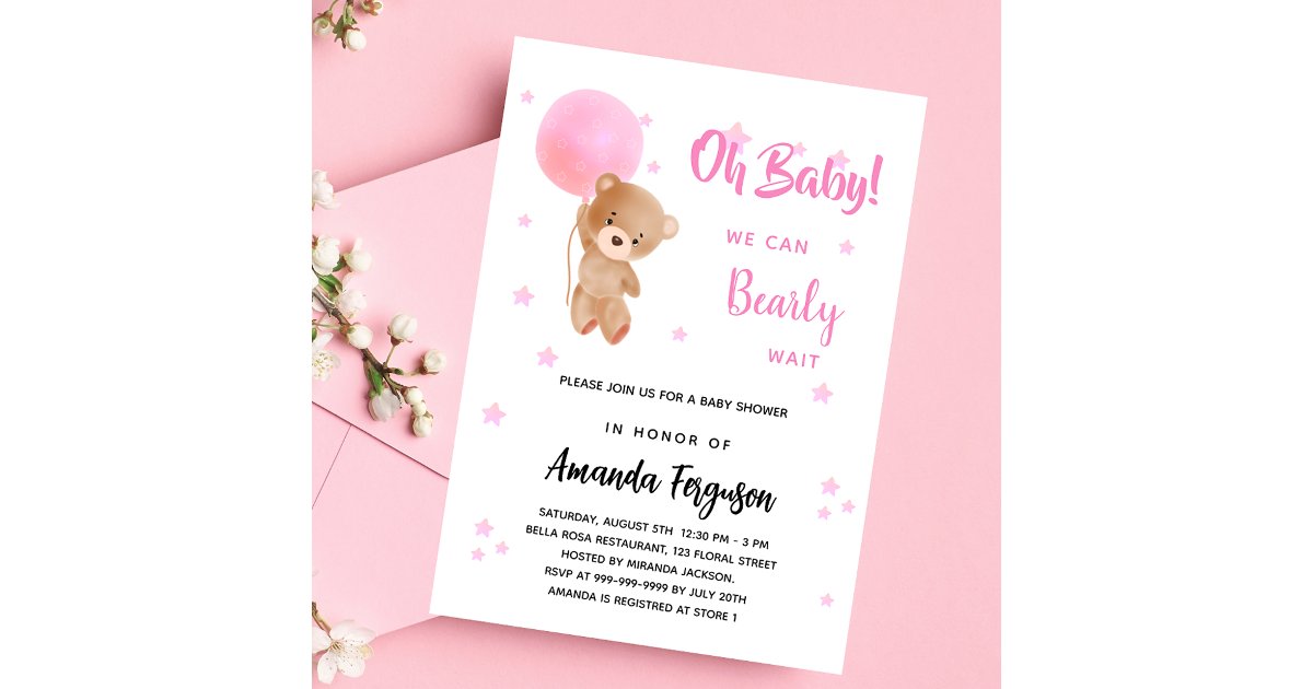 Baby shower teddy bear girl pink balloon luxury invitation | Zazzle
