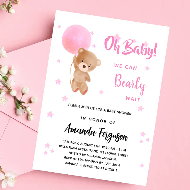 Baby shower teddy bear girl pink balloon luxury invitation | Zazzle