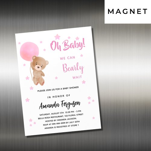 Baby shower teddy bear girl pink balloon luxury magnetic invitation