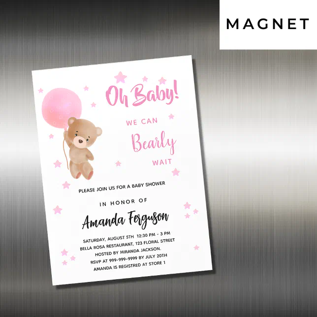 Baby shower teddy bear girl pink balloon luxury magnetic invitation ...