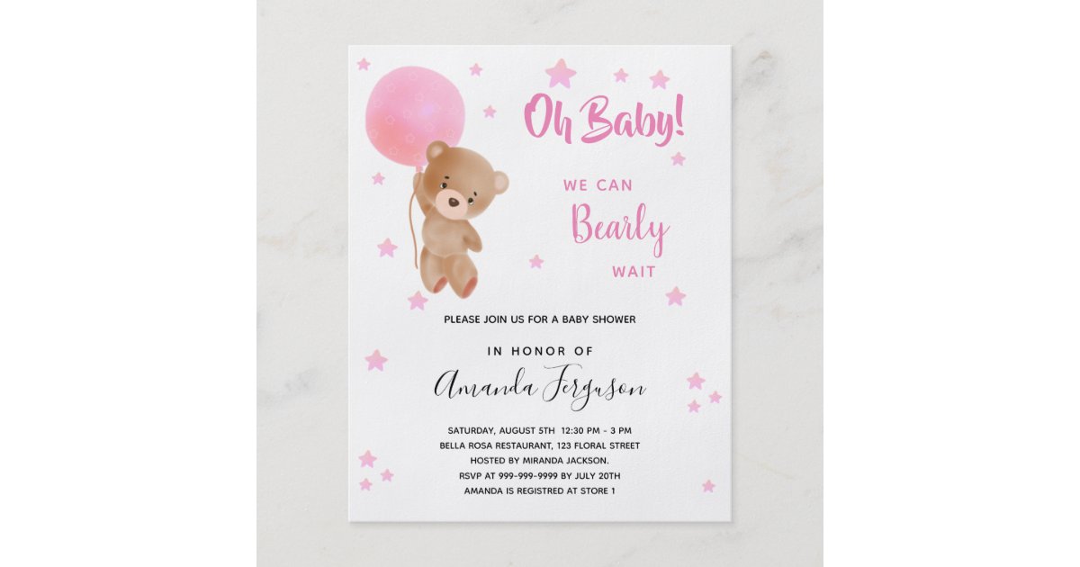 Baby shower teddy bear girl pink budget invitation flyer Zazzle