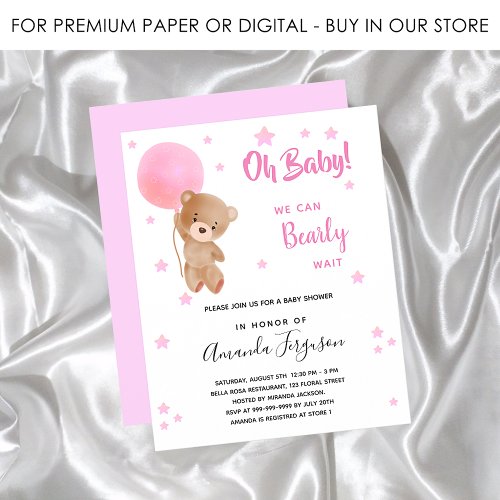 Baby shower teddy bear girl pink budget invitation flyer
