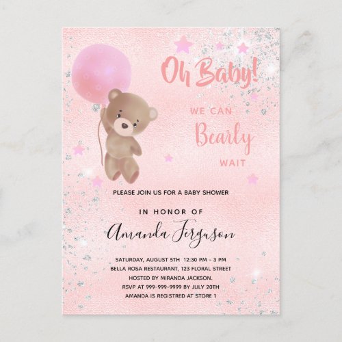 Baby shower teddy bear girl pink glitter invitation postcard