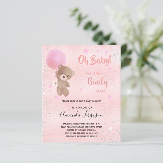 Baby shower teddy bear girl pink invitation (Standing Front)