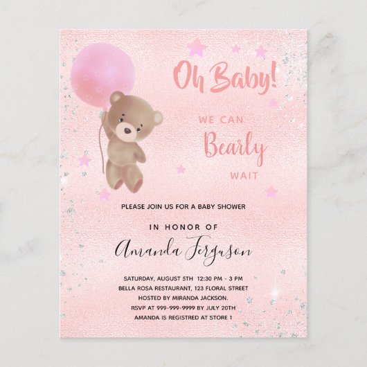 Baby shower teddy bear girl pink invitation (Front)