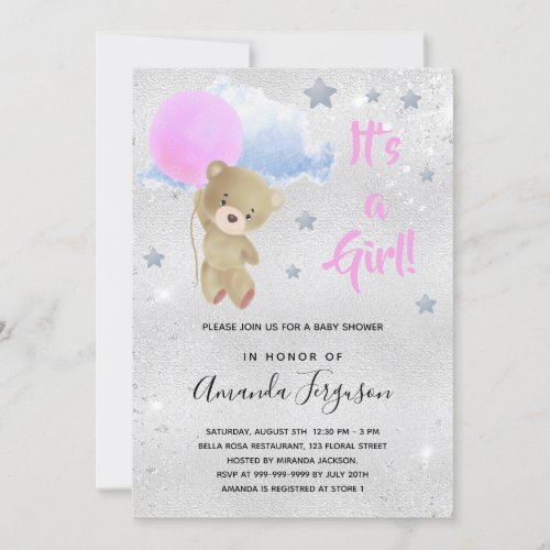 Baby shower teddy bear girl pink silver invitation