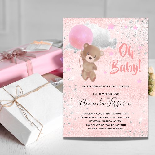 Baby shower teddy bear girl pink silver invitation