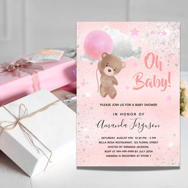 Baby shower teddy bear girl pink silver invitation | Zazzle