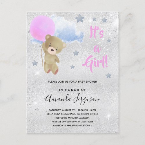 Baby shower teddy bear girl pink silver invitation postcard