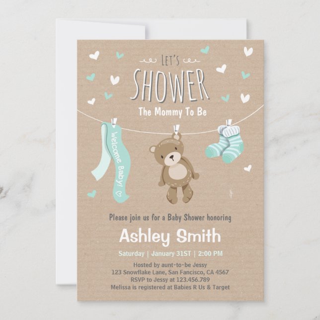 Baby Shower Teddy Bear Invitation Baby Mint Green (Front)