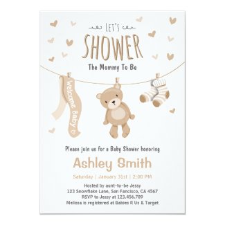 Baby Shower Teddy Bear Invitation Brown White