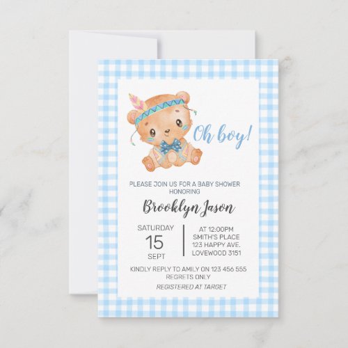 Baby Shower Teddy Bear Oh Boy Blue Gingham Thank You Card