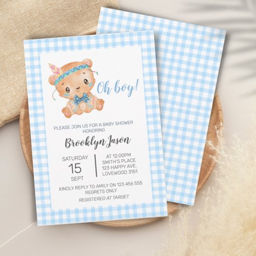 Baby Shower Teddy Bear Oh Boy Blue Invitation Card