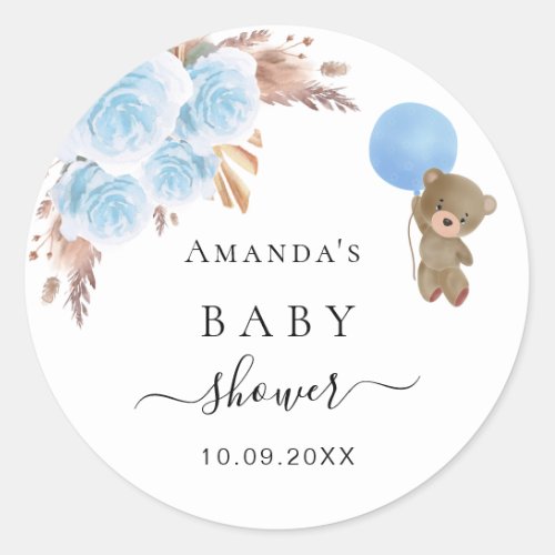 Baby Shower teddy bear pampas grass blue boy Classic Round Sticker