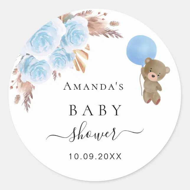 Baby Shower teddy bear pampas grass blue boy Classic Round Sticker | Zazzle