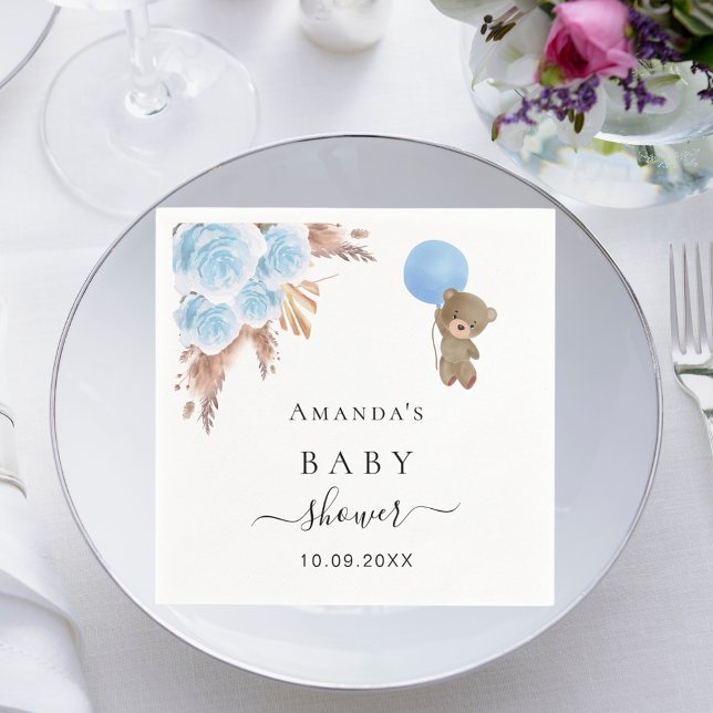 Baby Shower teddy bear pampas grass blue boy Napkins (Creator Uploaded)
