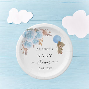 Baby Shower teddy bear pampas grass blue boy Paper Plates