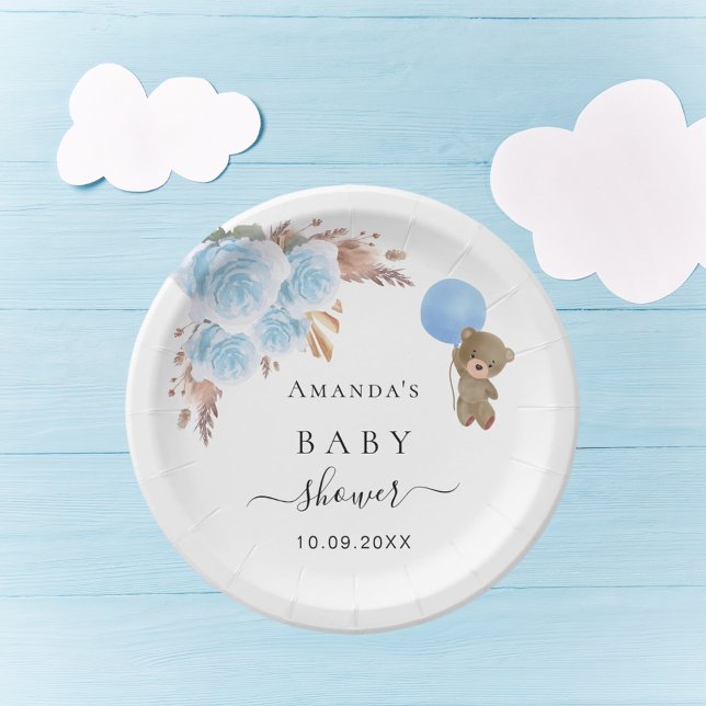 Baby Shower teddy bear pampas grass blue boy  Paper Plates (Creator Uploaded)