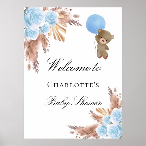 Baby shower teddy bear pampas grass blue boy poster | Zazzle