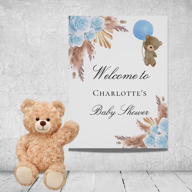 Baby shower teddy bear pampas grass blue boy poster | Zazzle