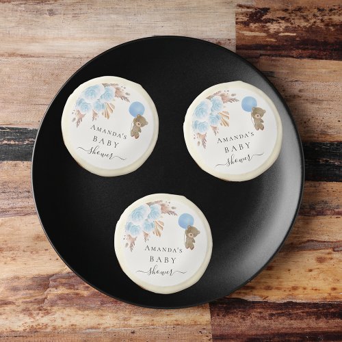 Baby Shower teddy bear pampas grass blue boy Sugar Cookie