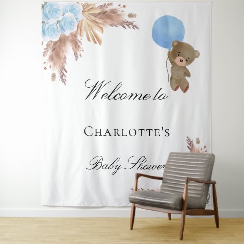 Baby shower teddy bear pampas grass blue boy tapestry