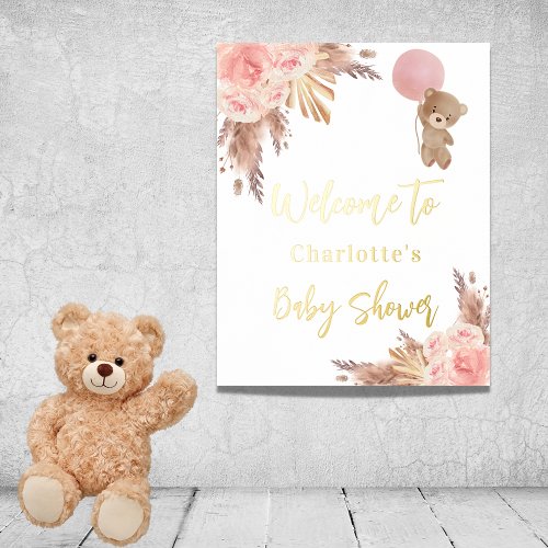 Baby shower teddy bear pampas grass rose blush foil prints