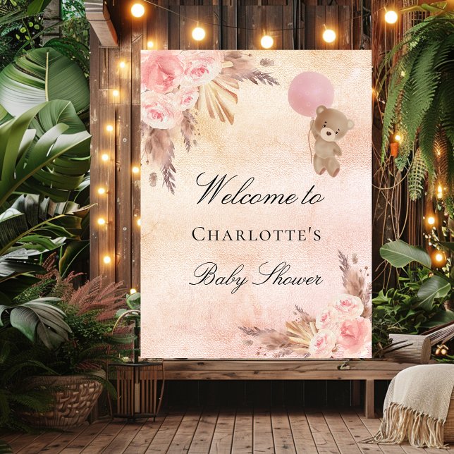Baby shower teddy bear pampas grass rose blush poster (Creator Uploaded)
