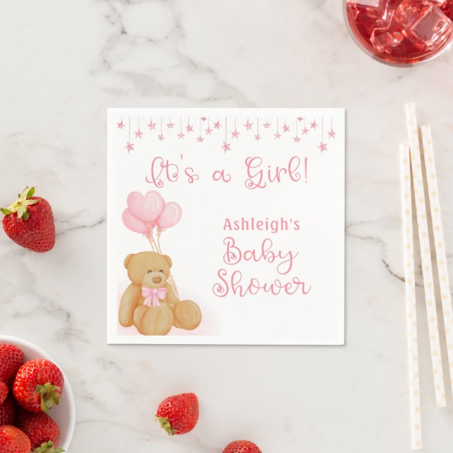 Baby Shower Teddy Bear Pink Balloons ITS A GIRL Napkins (Insitu)