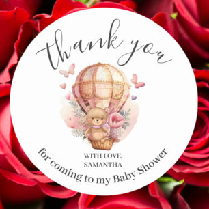 Baby Shower Teddy Bear PINK Hot Air Balloon Classic Round Sticker
