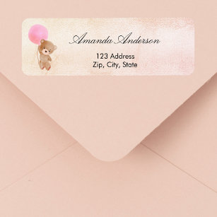 Baby Shower teddy bear pink return address Label