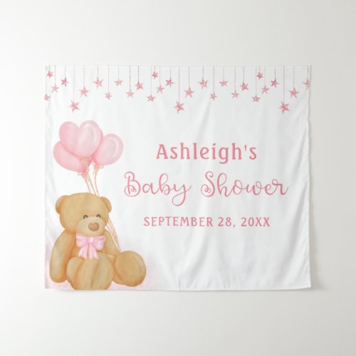 Baby Shower Teddy Bear Pink Stars Backdrop
