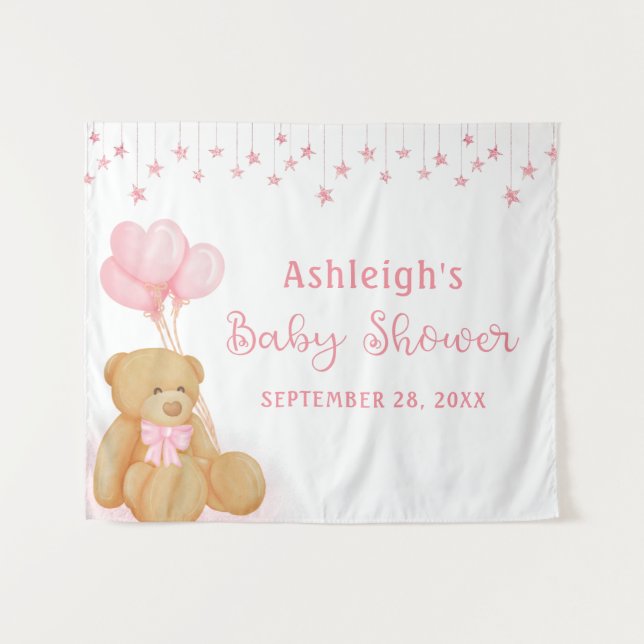 Baby Shower Teddy Bear Pink Stars Backdrop (Front (Horizontal))