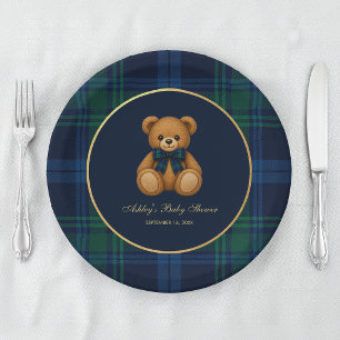 Baby Shower Teddy Bear Preppy Boy Blue Green Plaid Paper Plates