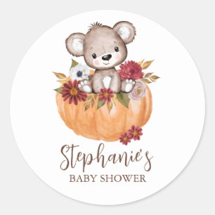 Baby Shower Teddy Bear Pumpkin Fall Classic Round Sticker