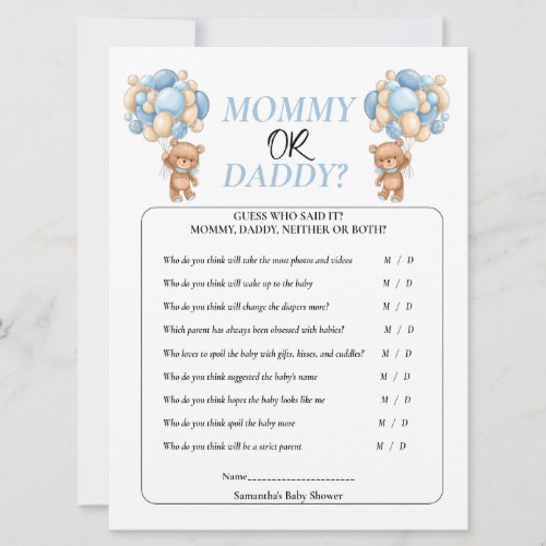 Baby Shower Teddy  Blue  Mommy or Daddy  Invitation