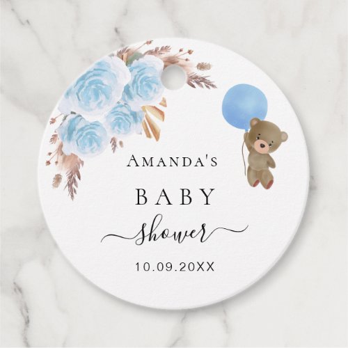 Baby Shower teddy blue pampas grass thank you Favor Tags