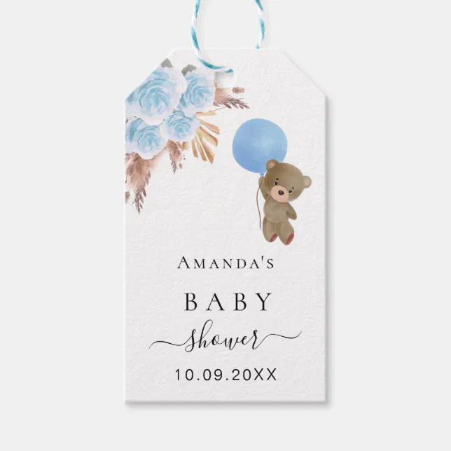 Baby Shower teddy blue pampas grass thank you Gift Tags | Zazzle