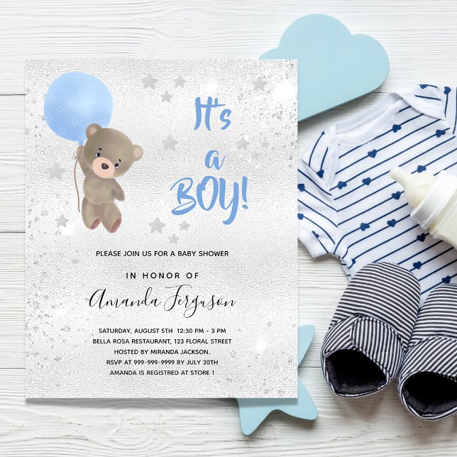 Baby Shower teddy blue silver budget invitation Flyer