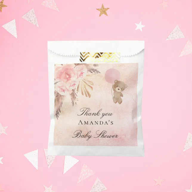 Baby Shower teddy blush pampas grass thank you Favor Bag | Zazzle