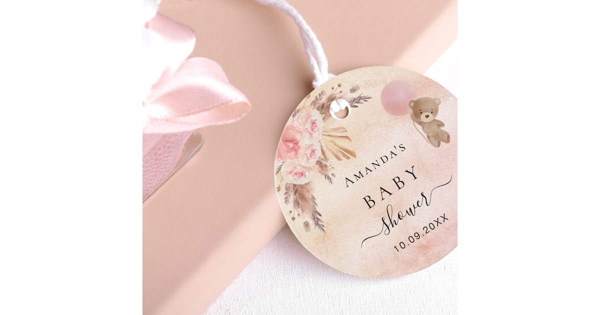 Baby Shower teddy blush pampas grass thank you Favor Tags | Zazzle