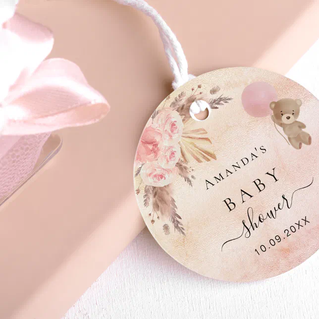 Baby Shower teddy blush pampas grass thank you Favor Tags | Zazzle