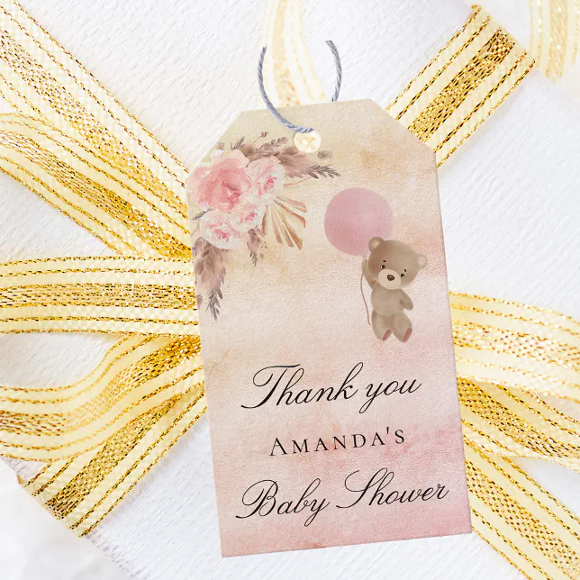 Baby Shower teddy blush pampas grass thank you Gift Tags | Zazzle