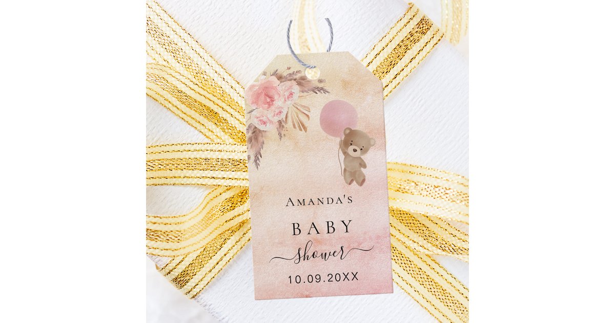 Baby Shower teddy blush pampas grass thank you Gift Tags | Zazzle