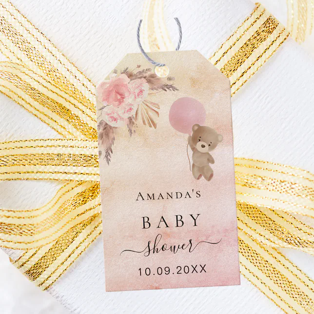Baby Shower teddy blush pampas grass thank you Gift Tags | Zazzle