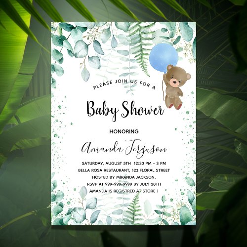 Baby Shower teddy boy eucalyptus forest Invitation Postcard