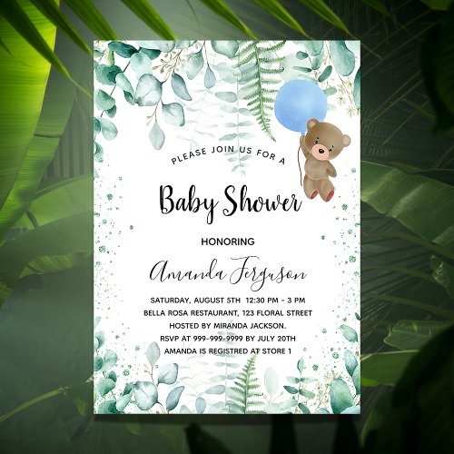 Baby Shower teddy boy eucalyptus forest luxury Invitation